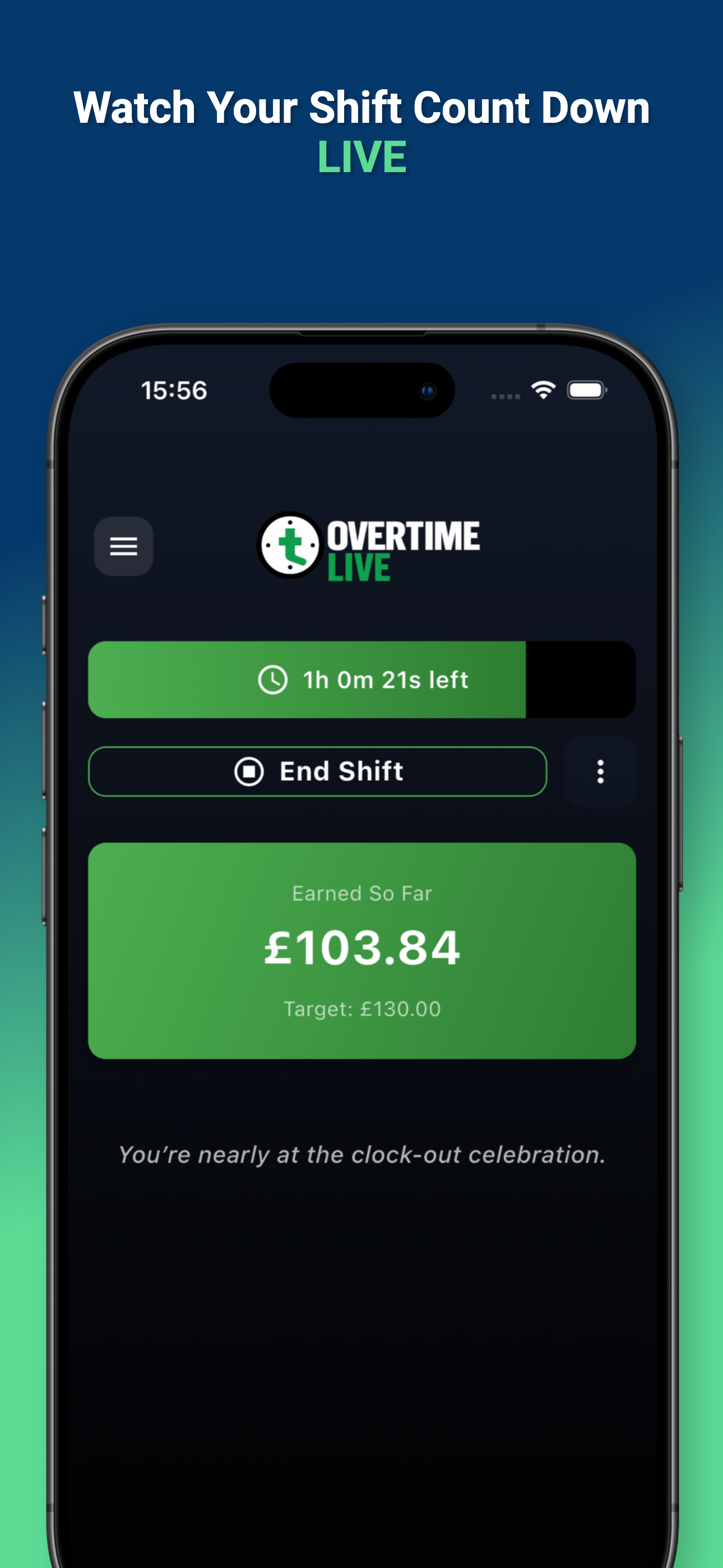 Overtime Live app interface showing real-time earnings progress and shift details